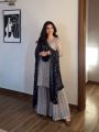 Elegant Grey Faux Georgette Gharara Set with Navy Dupatta