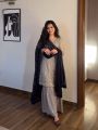 Elegant Grey Faux Georgette Gharara Set with Navy Dupatta