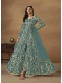 Elegant Traditional Dusty Aqua Blue Butterfly Net Anarkali Gown