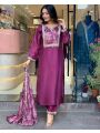 Roman Silk Purple Designer Kurti Pants And Dupatta
