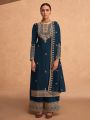 Elegant Teal Blue Embroidered Plazo Suit