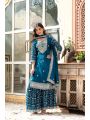 Authnic Elegant Teal Blue Chinnon Embroidered Sharara Set