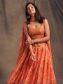 Elegant Vibrant Orange Mirror Work Floral Printed Lehanga Set