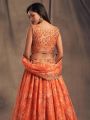Elegant Vibrant Orange Mirror Work Floral Printed Lehanga Set