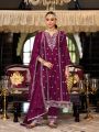 Ethnic Traditional Wine Chinnon Embroidered Straight Suit