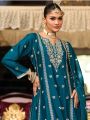 Elegant Ethnic Traditional Teal Blue Chinnon Embroidered Straight Suit