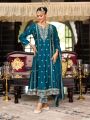 Elegant Ethnic Traditional Teal Blue Chinnon Embroidered Straight Suit