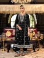 Elegant Traditional Black Chinnon Embroidered Straight Suit