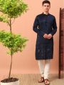 Ethnic Elegant Navy Blue Embroidered Silk Kurta Pajama Set
