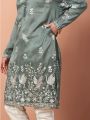 Ethnic Festive Metallic Grey Embroidered Silk Kurta Pajama Set