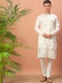 Elegant Festive White Embroidered Silk Kurta Pajama Set