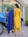 Elegant Traditional Yellow & Navy Blue Straight Pant Suit