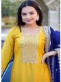 Elegant Traditional Yellow & Navy Blue Straight Pant Suit