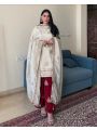 Ethnic Cream & Maroon Embroidered Chinnon Silk Suit 