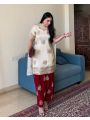 Ethnic Cream & Maroon Embroidered Chinnon Silk Suit 