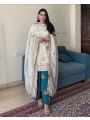 Ethnic Traditional Cream & Teal Blue Embroidered Chinnon Silk Suit
