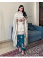 Ethnic Traditional Cream & Teal Blue Embroidered Chinnon Silk Suit