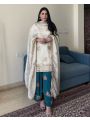 Ethnic Traditional Cream & Teal Blue Embroidered Chinnon Silk Suit