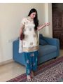 Ethnic Traditional Cream & Teal Blue Embroidered Chinnon Silk Suit