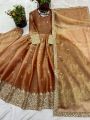 Elegant Golden Brown Burberry Silk Embroidered Anarkali Gown Suit