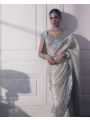 Ethnic Festival Traditional Pearl White Soft Satin Organza Saree