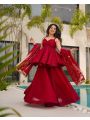 Elegant Festive Cherry Red Tabby Organza Mukesh Work Plazo Suit