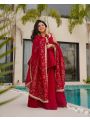 Elegant Festive Cherry Red Tabby Organza Mukesh Work Plazo Suit