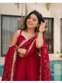 Elegant Festive Cherry Red Tabby Organza Mukesh Work Plazo Suit