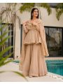 Elegant Festive Graceful Beige Tabby Organza Mukesh Work Plazo Suit