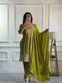 Elegant Ethnic Olive Green  Chinnon Silk Embroidered Straight Suit