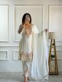 Elegant Festive  Off-White Chinnon Silk Embroidered Straight Suit 