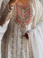 Elegant Festive  Off-White Chinnon Silk Embroidered Straight Suit 