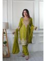 Elegant Ethnic Olive Green  Chinnon Silk Embroidered Straight Suit