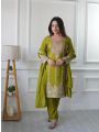 Elegant Ethnic Olive Green  Chinnon Silk Embroidered Straight Suit