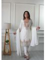 Elegant Festive  Off-White Chinnon Silk Embroidered Straight Suit 