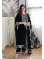 Authentic Elegant Black Velvet Viscose Embroidered Straight Suit