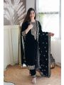 Authentic Elegant Black Velvet Viscose Embroidered Straight Suit