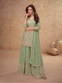 Elegant Ethnic Pista Green Chinnon Silk Embroidered Plazo Suit