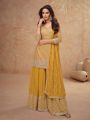 Elegant Traditional Mustard Yellow Chinnon Silk Embroidered Plazo Suit