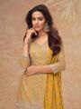 Elegant Traditional Mustard Yellow Chinnon Silk Embroidered Plazo Suit