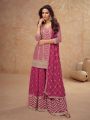 Ethnic Elegant Festive Magenta Pink Chinnon Silk Embroidered Plazo Suit