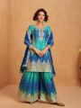 Elegant Traditional Blue And Turquoise Chinnon Silk Plazo Suit