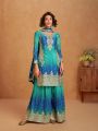 Elegant Traditional Blue And Turquoise Chinnon Silk Plazo Suit