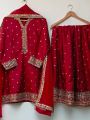 Ethnic Festive Maroon Pure Chinnon Silk Embroidered Lehanga Set