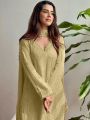 Elegant Festive Pastel olive Green Chikankari Long Salwar Kurti Plazo Suit
