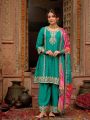 Elegant Heavy Teal Green Chinnon Embroidered Plazo Suit 