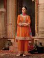 Ethnic Traditioanl Orange Chinnon Silk Embroidered Plazo Suit