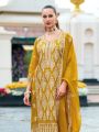 Elegant Festive Mustard Yellow  Soft Organza Embroidered Straight Suit