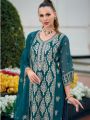 Ethnic Festive Traditional Teal Green Soft Organza Embroidered Straight Suit