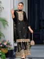 Elegant Heavy Black Chinnon Silk Embroidered Plazo Suit